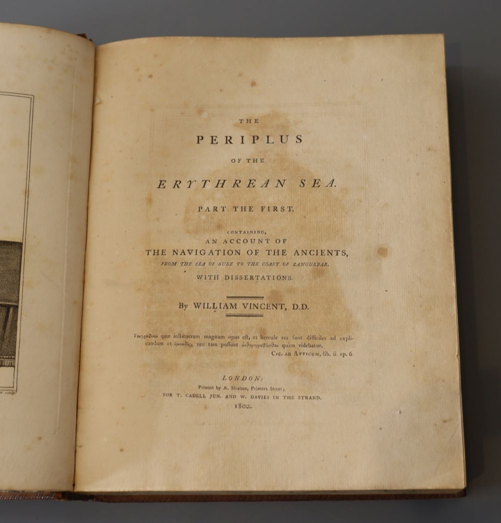 Vincent, William - Periplus of the Erythrean Sea, 2 parts in 1, calf, quarto, frontis, frontis portrait of Vasco de Gama, 6 folding map